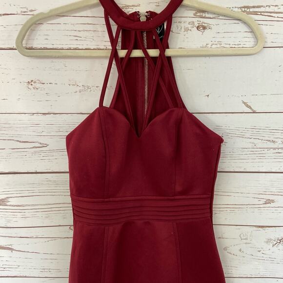 Windsor M Maroon Strappy Sweetheart High Halter Racerback Bodycon Mini Dress - Picture 3 of 7